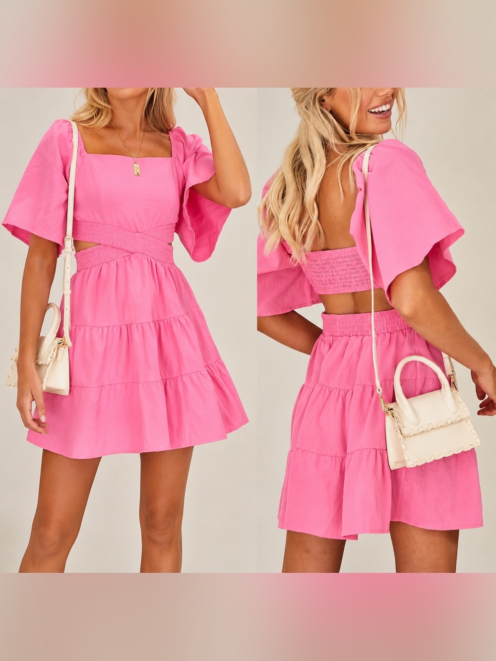 NWT Senllen Pink Cotton Puff Sleeve Cutout Tiered Mini Dress XL Barbiecore
